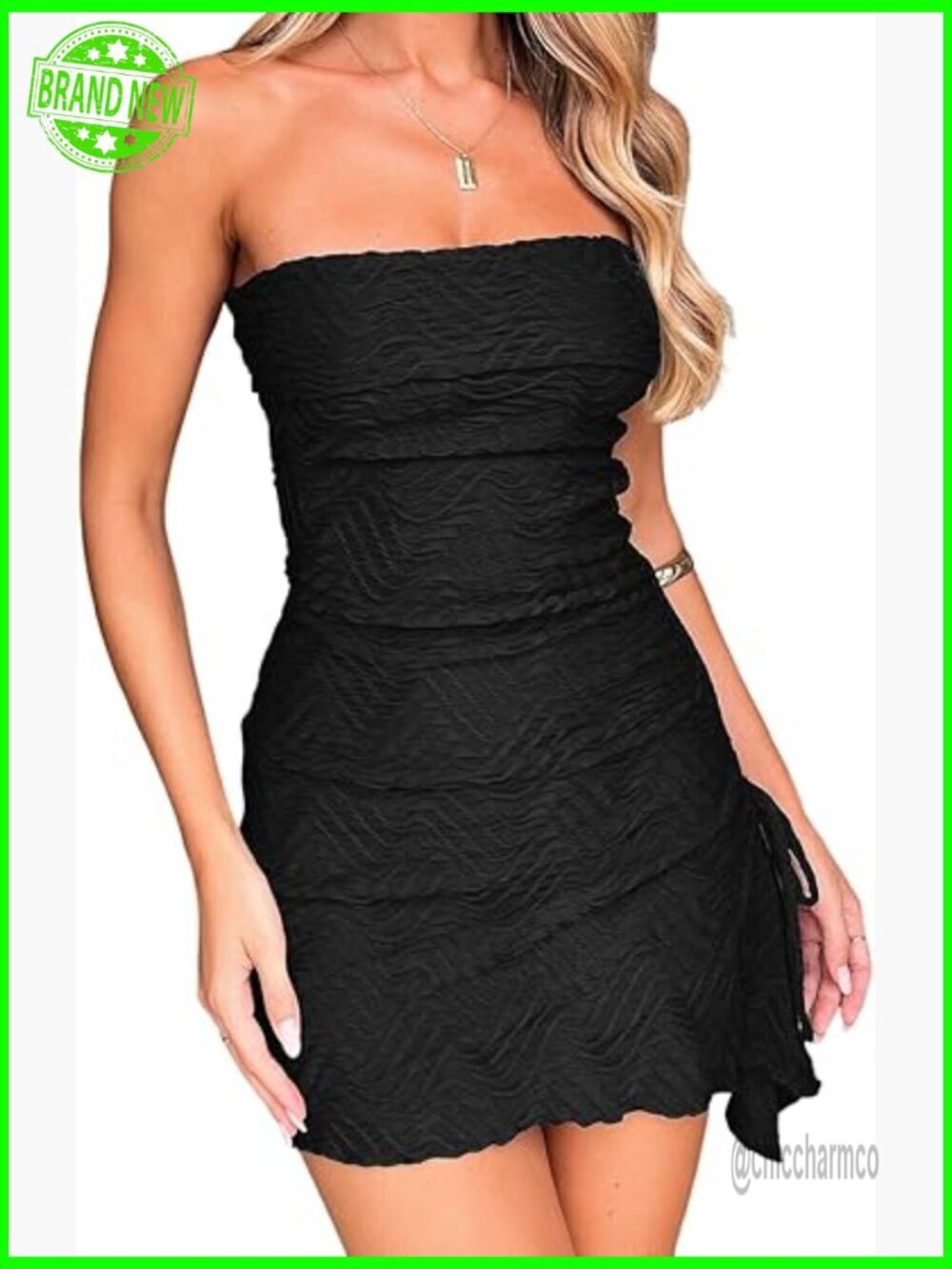 Strapless Ruched Drawstring Slit Mini Dress Bodycon Tube Night Out